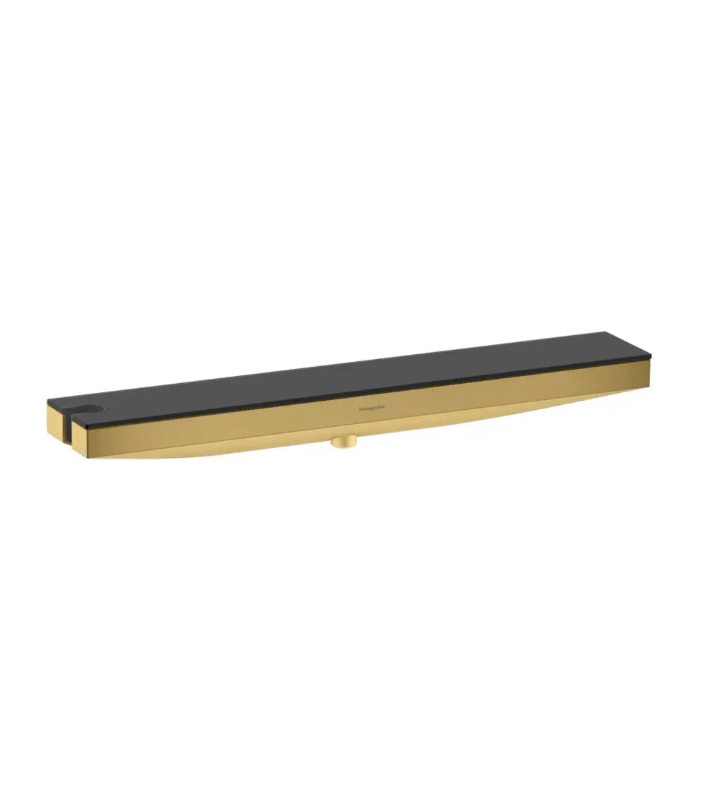 Hansgrohe Wandanschluss mit Duschablage und Brausehalter, in glänzendem Gold-Finish, rechteckige Form mit schwarzem Oberteil, für Wandmontage.